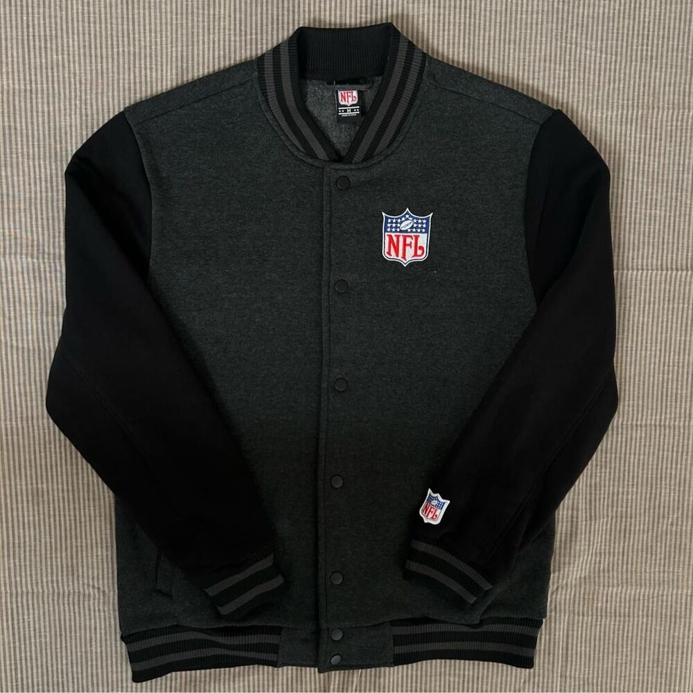 NFL Shield Logo Varsity Bomber Jacket Mens M Charcoal Gray Black Snap Front